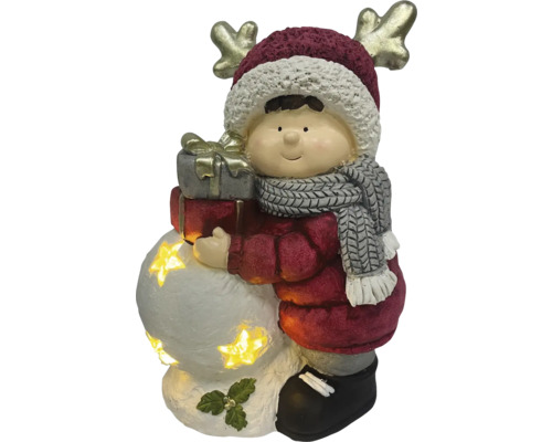Dekoratívna figúrka chlapec s darčekmi a snehuliak s hviezdami