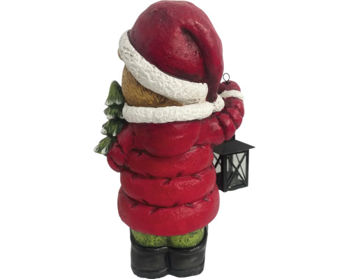 Dekoratívna figúrka Medvedík s čiapkou, bundou, jedľou a lampášom zozadu