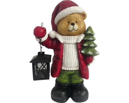 Dekoratívna figúrka medveď s lucernou 38 cm Macko ako vianočná dekorácia s lampášom a vianočným stromčekom