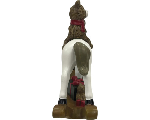 Dekoratívna vianočná figúrka: Medvedík na hojdacom koni s darčekom