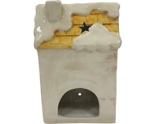 Keramický domček na čajové sviečky s motívom hviezdy a snehovou dekoráciou