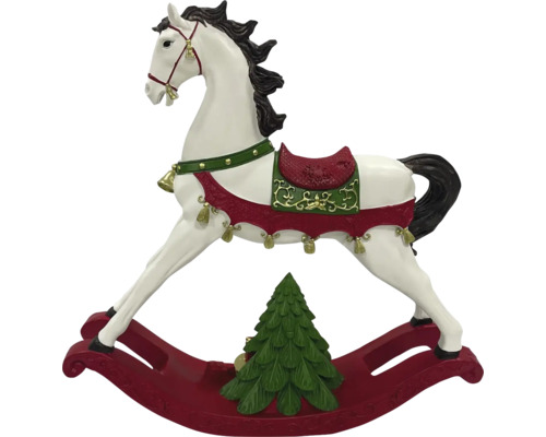 Dekoratívny hojdací kôň s vianočným stromčekom pre sviatočnú atmosféru