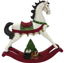 Dekoratívny hojdací kôň s vianočným stromčekom a darčekmi