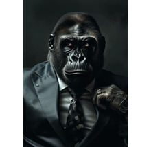 Gorila má na sebe oblek s kravatou, manžetový gombík, prsteň a hodinky.