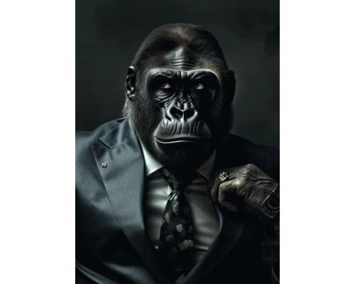 Obraz Decopanel Gorilla in a suit 136x98cm Gorila má na sebe oblek s kravatou, manžetový gombík, prsteň a hodinky.