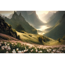 Krajinný obraz s údolím, kvetinovou lúkou a horami