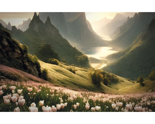 Obraz Decopanel Tulip meadow 90x58cm Krajinný obraz s údolím, kvetinovou lúkou a horami