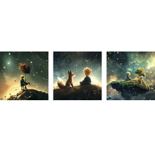 Ilustrácie Malého princa s líškou, hviezdnou oblohou a stromom