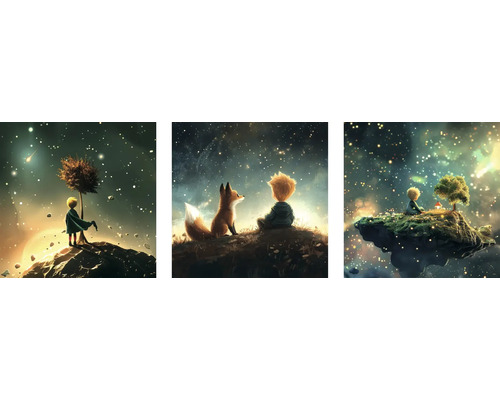 Obraz na plátne Malý princ 25 x 25 cm, 3 ks Ilustrácie Malého princa s líškou, hviezdnou oblohou a stromom