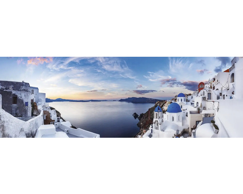 Obraz na plátne Santorini 150x50 cm Panoramatický záber Santorini s tradičnými bielymi domami a modrými kupolami pri mori