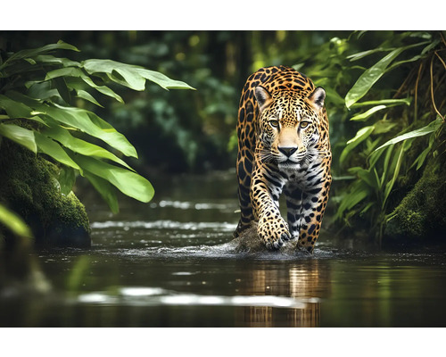 Obraz na plátne Jaguar lurking 150x100 cm Jaguar sa brodí riekou, obklopený bujnou zeleňou.