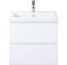 Biela umývadlová skrinka s dvomi zásuvkami a vodovodnou batériou