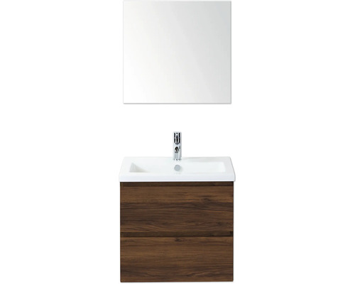 Umývadlo s drevenou skrinkou, umývadlom, zrkadlom a batériou do kúpeľne