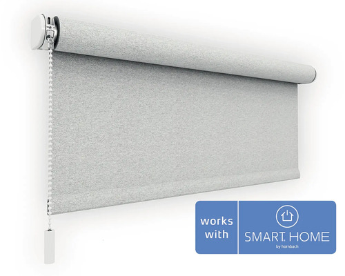 Sivá rolovacia markíza s retiazkovým mechanizmom a logom Smart Home by Hornbach