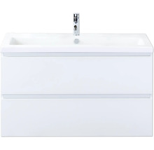 Biela skrinka pod umývadlo s dvomi zásuvkami a umývadlom na dosku s batériou