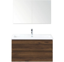 Umývadlová zostava so zrkadlovou skrinkou a dreveným dekorom