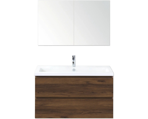 Umývadlová zostava so zrkadlovou skrinkou a dreveným dekorom