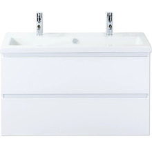 Skrinka pod umývadlo s dvoma umývadlami a vodovodnými batériami