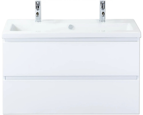 Kúpeľňová zostava Sanox Vogue 100 cm biela Skrinka pod umývadlo s dvoma umývadlami a vodovodnými batériami