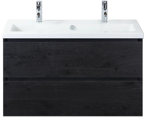 Kúpeľňová zostava Sanox Vogue 100 cm dub čierny Skrinka pod umývadlo s dvomi zásuvkami, umývadlom a batériami