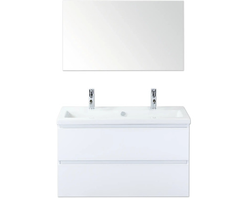 Umývadlo s dvoma umývadlami, skrinkou a zrkadlom do kúpeľne