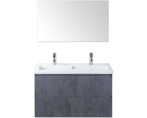 Kúpeľňová zostava Sanox Vogue 100 cm betón antracit Umývadlo s dvomi umývadlami, skrinkou a zrkadlom do kúpeľne