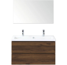 Kúpeľňová umývadlová zostava so zrkadlom, spodná skrinka s dvomi zásuvkami a dvomi batériami