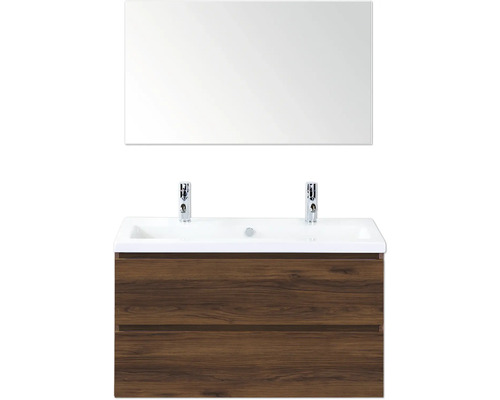 Kúpeľňová umývadlová zostava so zrkadlom, spodná skrinka s dvomi zásuvkami a dvomi batériami