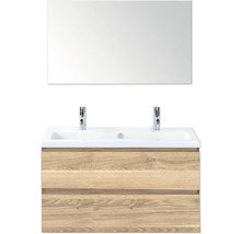 Skrinka pod umývadlo s dvoma umývadlami, dvoma kohútikmi a zrkadlom