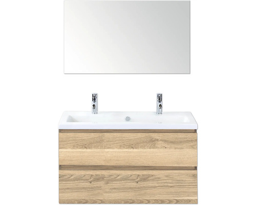 Skrinka pod umývadlo s dvoma umývadlami, dvoma kohútikmi a zrkadlom