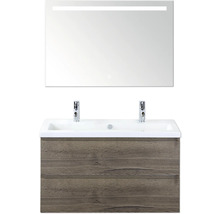 Skrinka pod umývadlo s dvomi zásuvkami, umývadlom a osvetleným zrkadlom