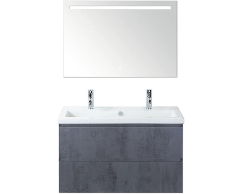 Skrinka pod umývadlo s dvoma umývadlami a zrkadlom s osvetlením