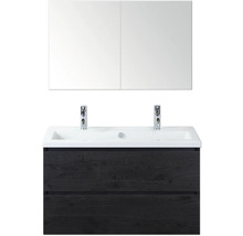 Skrinka pod umývadlo s dvoma umývadlami, batériami a zrkadlovou skrinkou