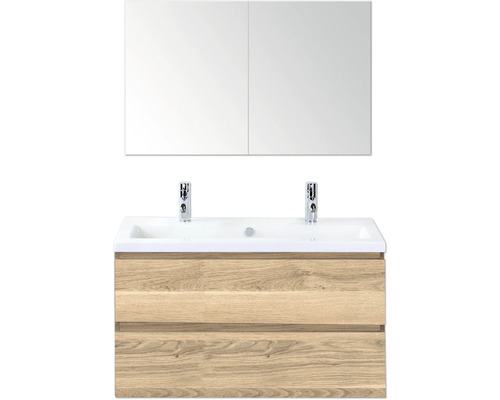 Kúpeľňová zostava Sanox Vogue 100 cm dub sivý Skrinka pod umývadlo s dvomi zásuvkami, umývadlo a zrkadlová skrinka