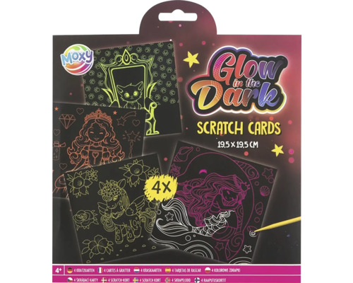 Sada obrázkov na škrabanie Moxy Glow in the Dark so štyrmi škrabacími kartami a škrabkou, 19,5 x 19,5 cm