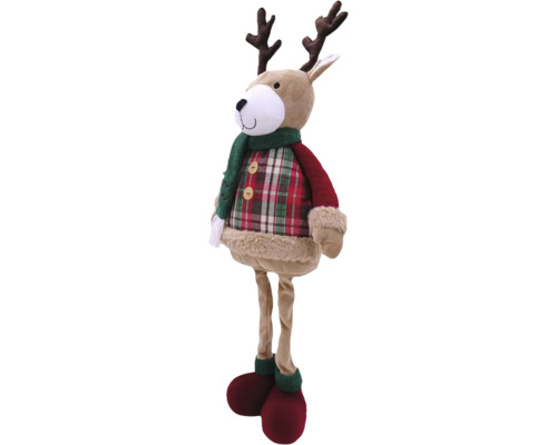 Dekoratívny stojaci plyšový los so šálom a károvanou košeľou ako vianočná dekorácia