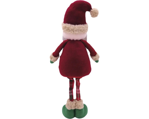 Pohľad zozadu na ozdobnú figúrku Santa Clausa s červeným kabátom, károvanými nohavicami a čiapkou