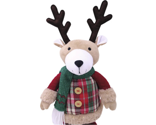 Plyšová figúrka soba so šálom a kockovanou košeľou ako vianočná dekorácia