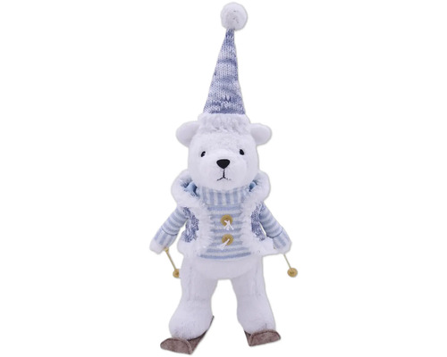 Dekoratívny ľadový medveď s čiapkou, šálom a lyžami ako vianočná dekorácia.