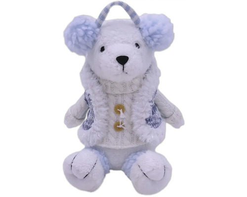 Dekoratívny látkový medveď s chráničmi sluchu a pletenou bundou