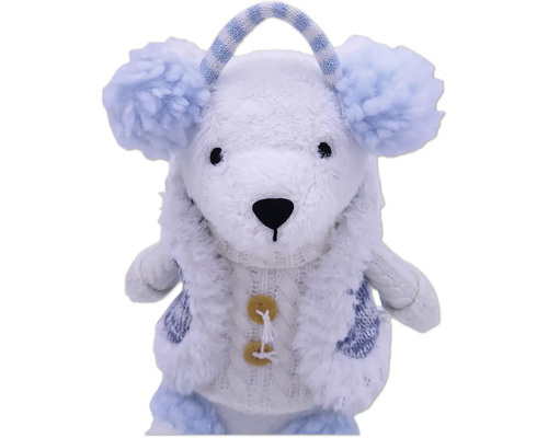 Plyšový medveď s chráničmi sluchu a pletenou bundou