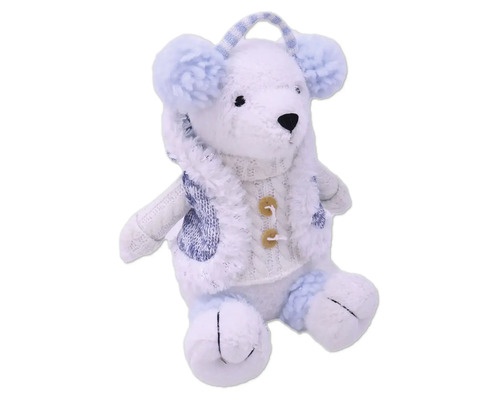 Plyšový medveď s pleteným kabátikom a chráničmi sluchu ako dekorácia