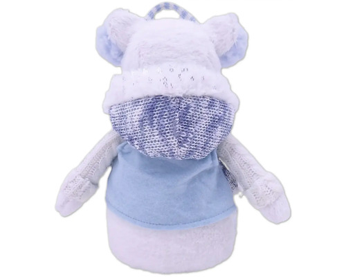 Pohľad zozadu na plyšového medvedíka s kapucňou ako obal na fľašu