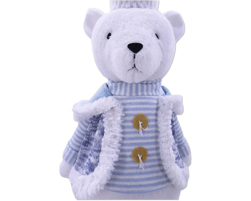 Biely medvedík s korunou a pruhovanou vestou s gombíkmi