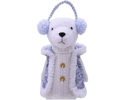 Macko ako dekorácia s chráničmi sluchu a pletenou bundou