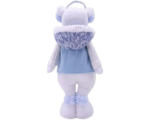 Pohľad zozadu na plyšovú hračku s chráničmi sluchu a mikinou s kapucňou