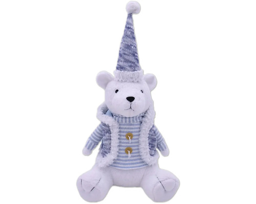 Dekoratívny vianočný medvedík textilný 51 cm bielo-modrý Dekoratívny ľadový medveď s čiapkou a vestou na Vianoce