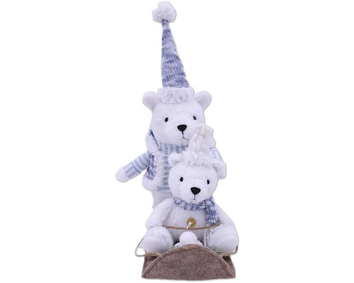 Dekoratívny vianočný medvedík textilný 40 cm bielo-modrý Dekoratívne ľadové medvede na saniach s čiapkou a šálom