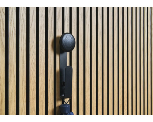 Drevený stenový panel s čiernym vešiakom a dáždnikom