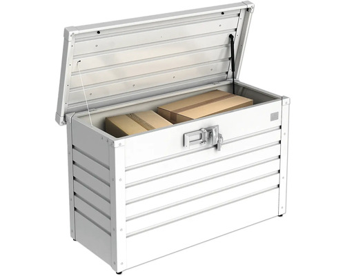 Otvorený, uzamykateľný úložný box z hliníka s kartónovými krabicami